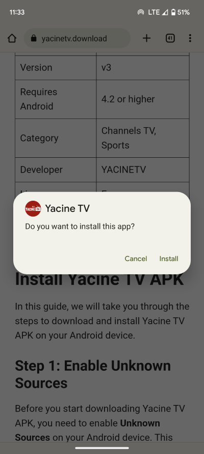 Install button for Yacine TV